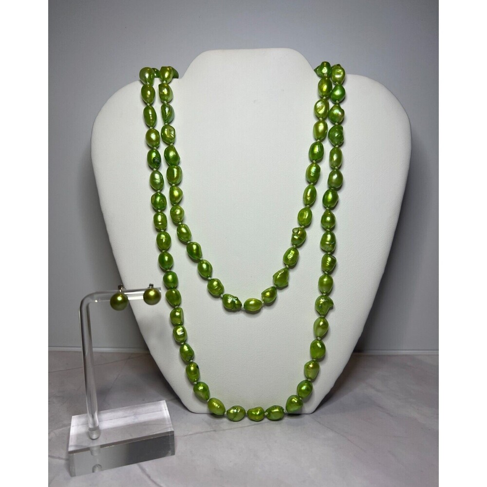 Green Natural Freshwater Pearls Necklace & Earring Set, (0112) - Picture 7 of 7